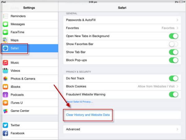 clear safari history website data ipad