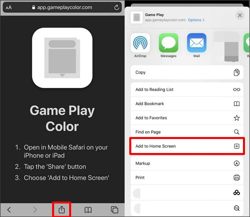 open game play color website and select add to home screen option